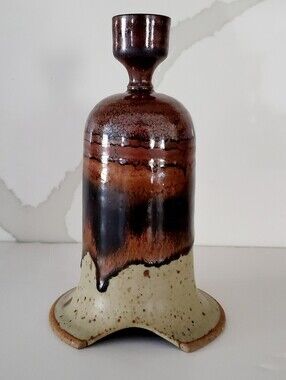 Vtg Handcrafted Ceramic Candlestick Holder Drip Glazed Brown & Speckled Cream